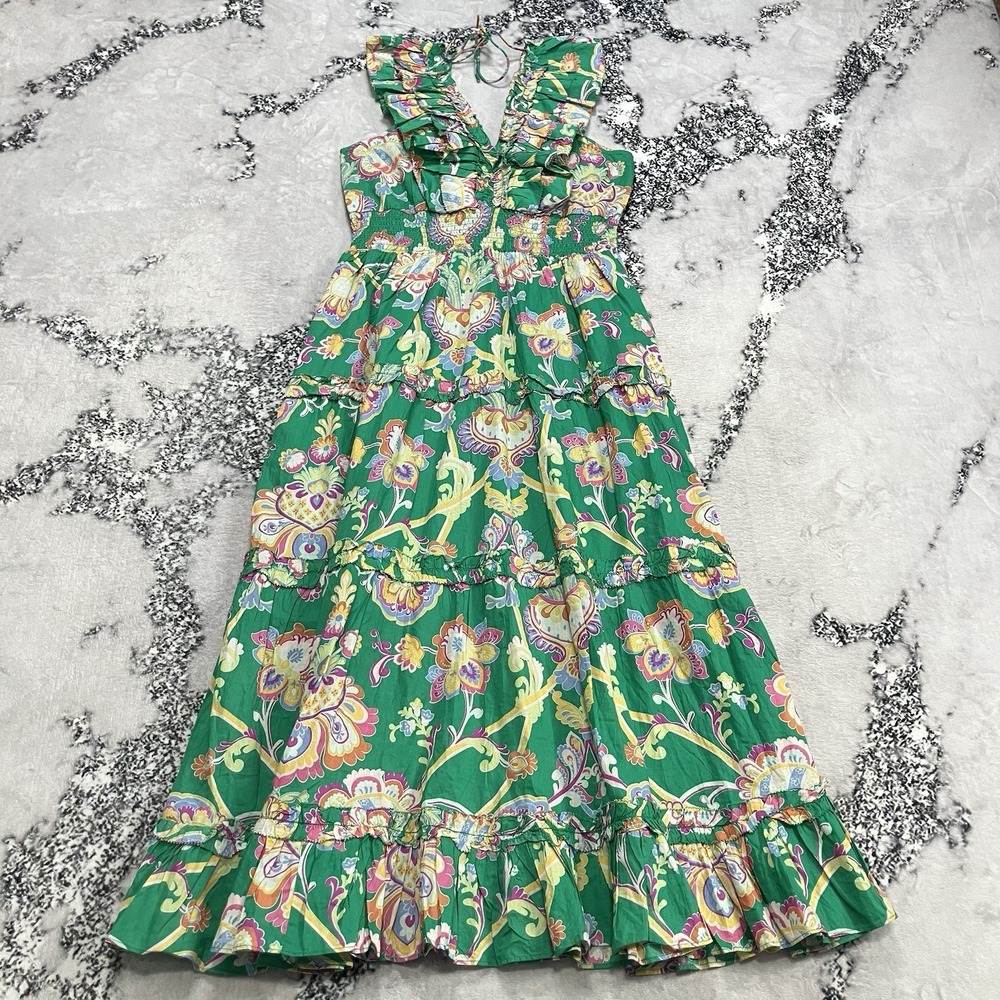 Caroline Constas Floral Maxi Dress Green Ruffle Tiered Boho Cotton Womens Size L